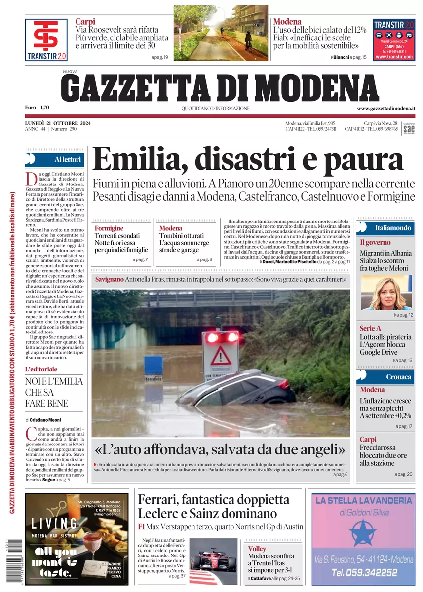 Prima-pagina-gazzetta di modena-oggi-edizione-del-2024-10-21